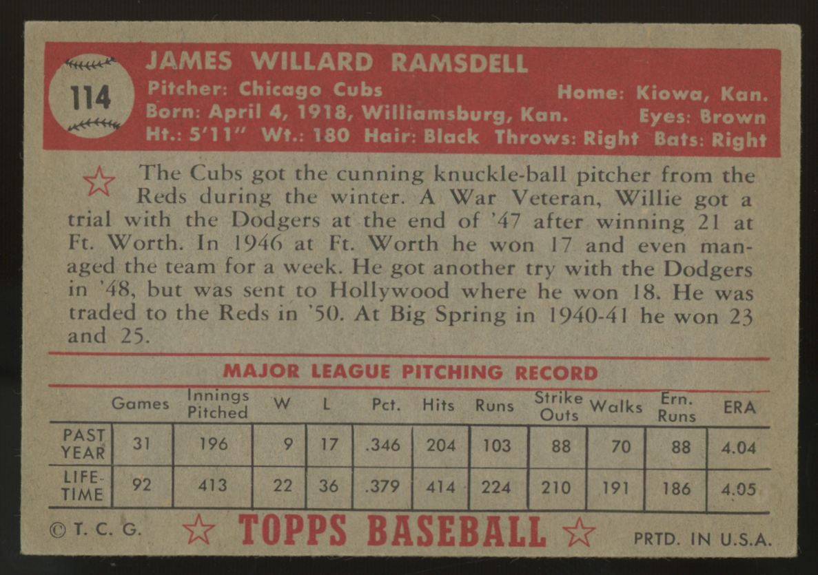 1952 Topps Willard Ramsdell #114 EX/MT