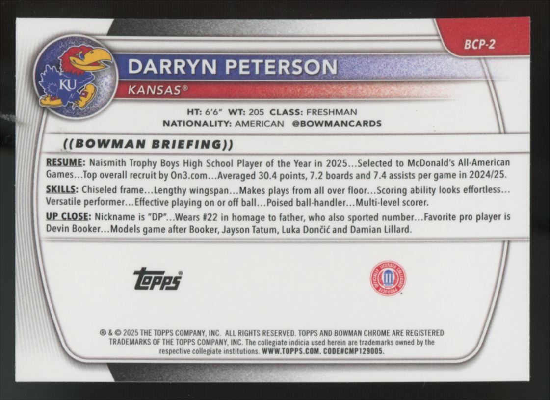 2025-26 Bowman Chrome U Darryn Peterson 1st Fuchsia Refractor /199 #BCP-2