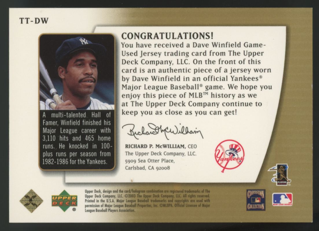 2003 Upper Deck Authentics Dave Winfield Threads Of Time Patch #TT-DW