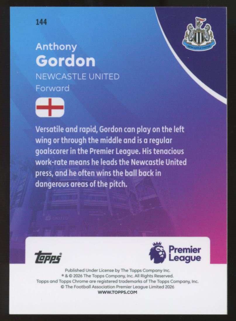 2025-26 Topps Chrome Premier League Anthony Gordon Orange Wave Refractor /25