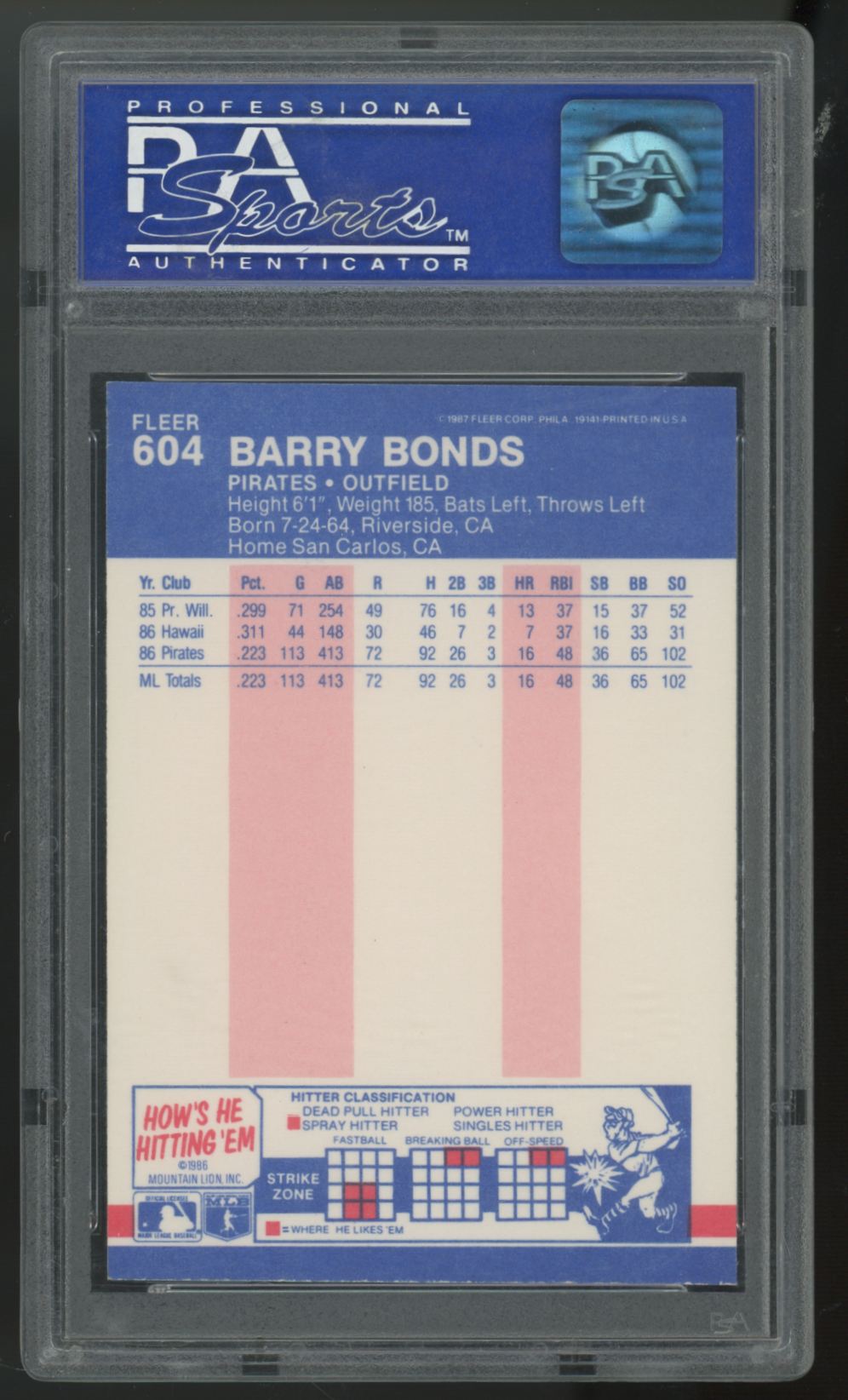 1987 Fleer Glossy Barry Bonds RC #604 PSA 8