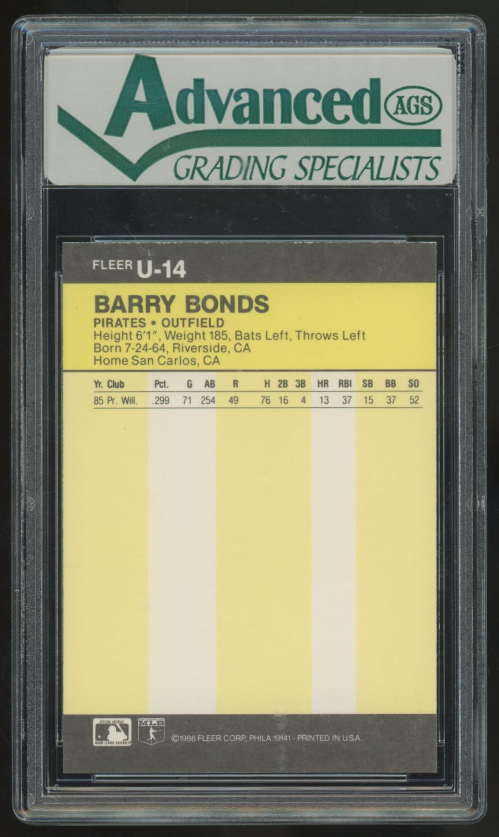 1986 Fleer Update Barry Bonds RC #U-14 AGS 9 *824