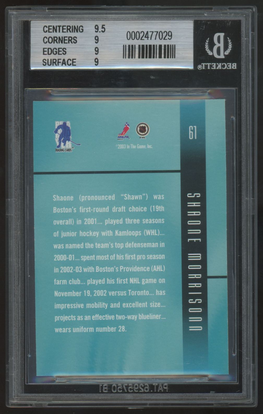 2002-03 Be A Player Ultimate Shaone Morrisonn RC /250 #61 BGS 9