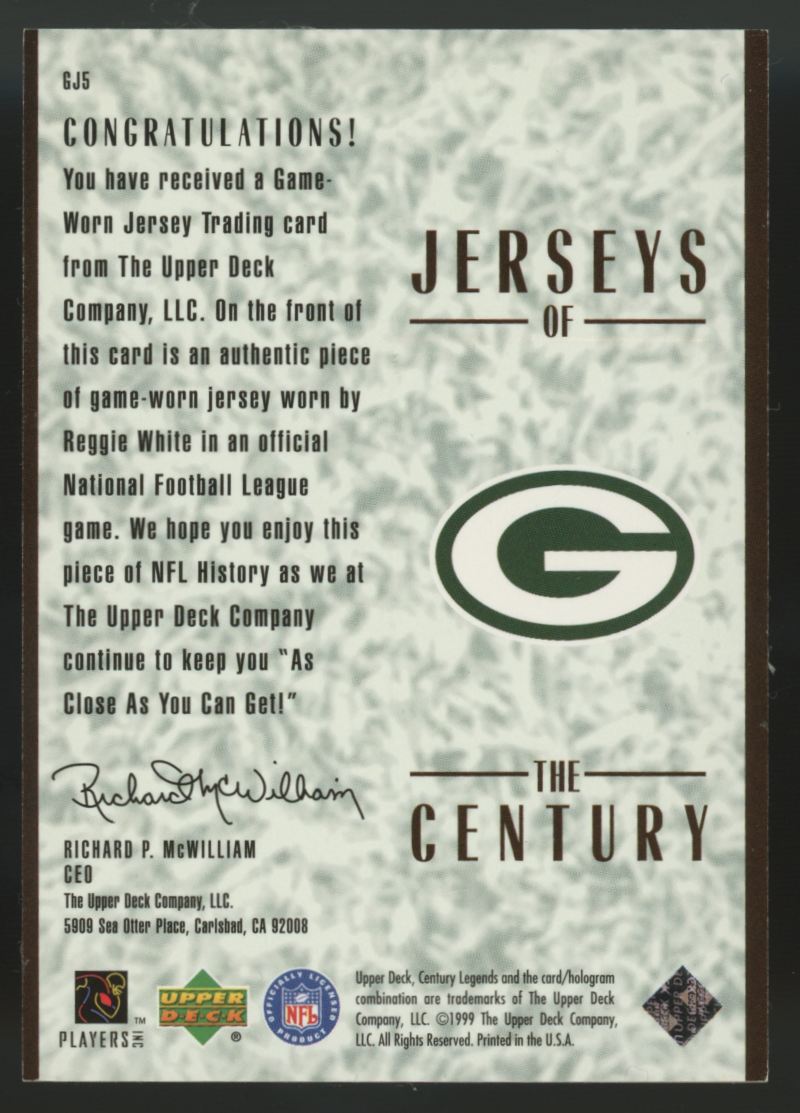 1999 Upper Deck Century Legends Reggie White Jerseys Of The Century Patch #GJ5
