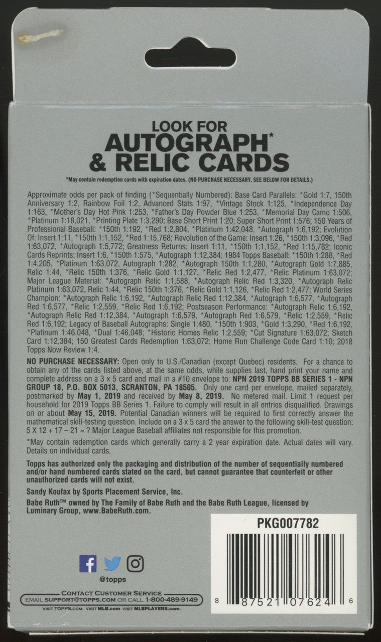 2019 Topps Baseball Series 1 Hanger Box Factory Sealed
