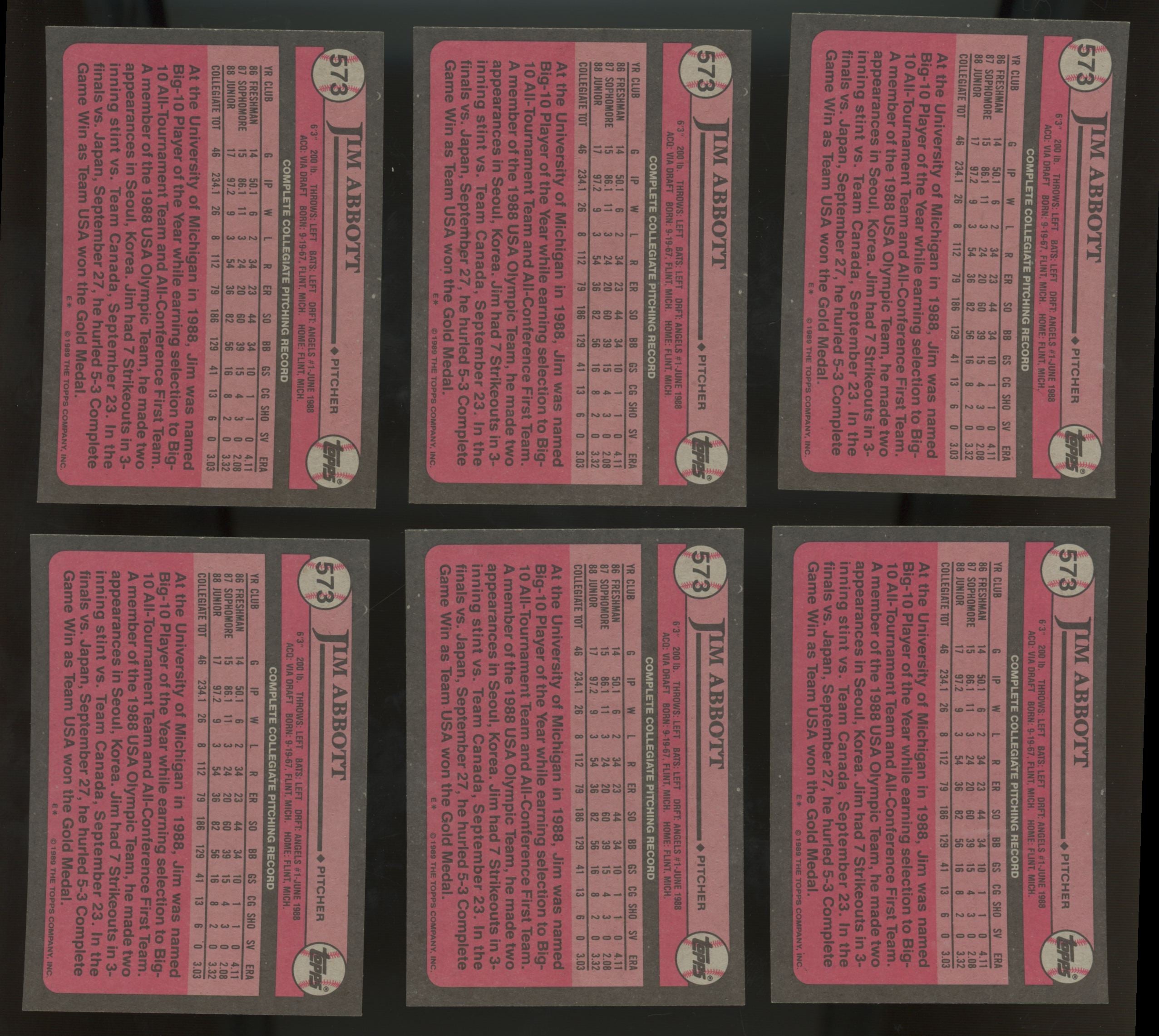 1989 Topps Jim Abbott RC #1 Draft Pick #573 (Lot Of 24)
