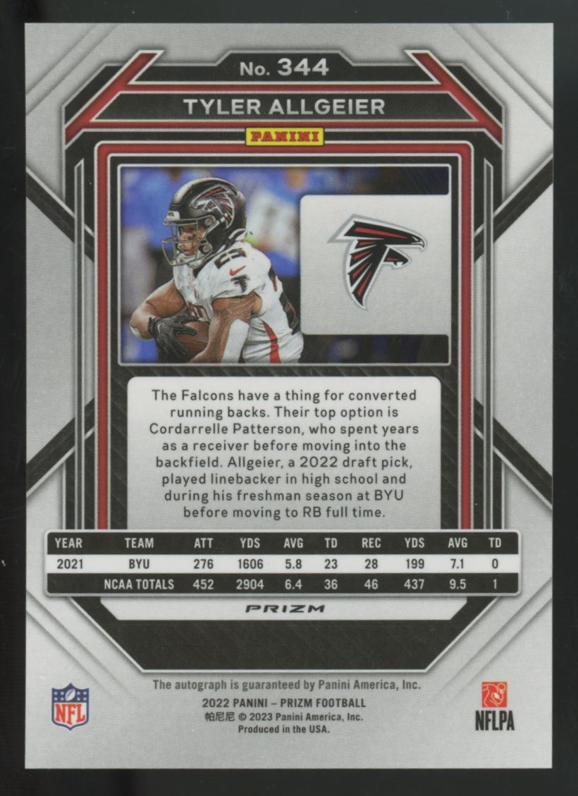 2022 Panini Prizm Tyler Allgeier RC Auto Silver #344