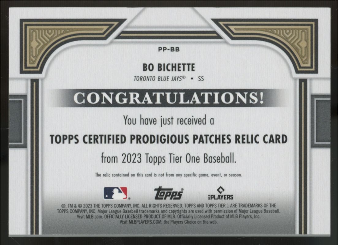 2023 Topps Tier One Bo Bichette Prodigious Patch Relic /10 #PP-BB