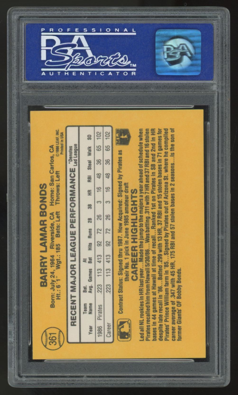 1987 Donruss Barry Bonds #361 PSA 9 *074