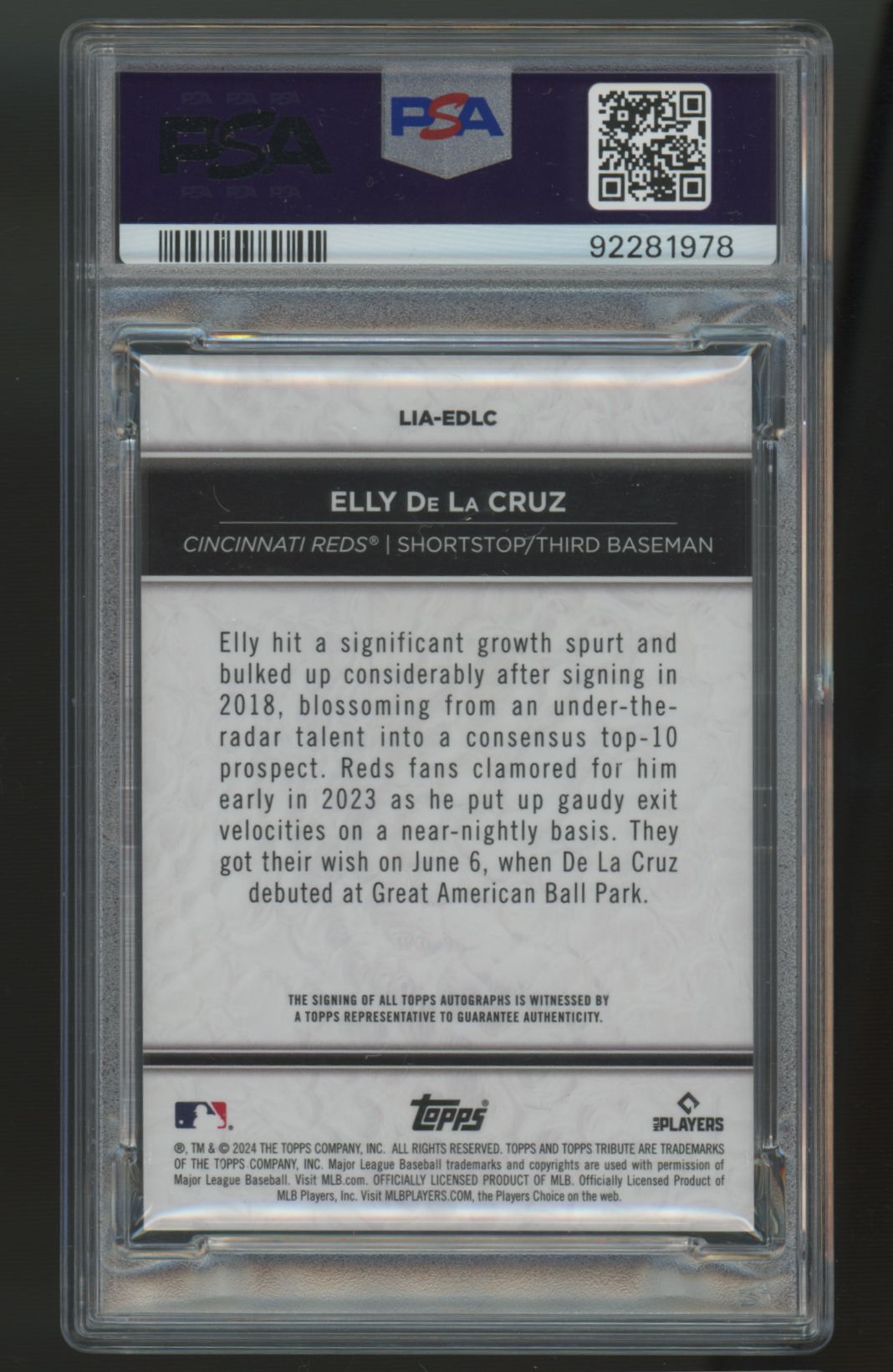 2024 Topps Tribute Elly De La Cruz RC Inauguration Auto /99 #LIA-EDLC PSA 10 10