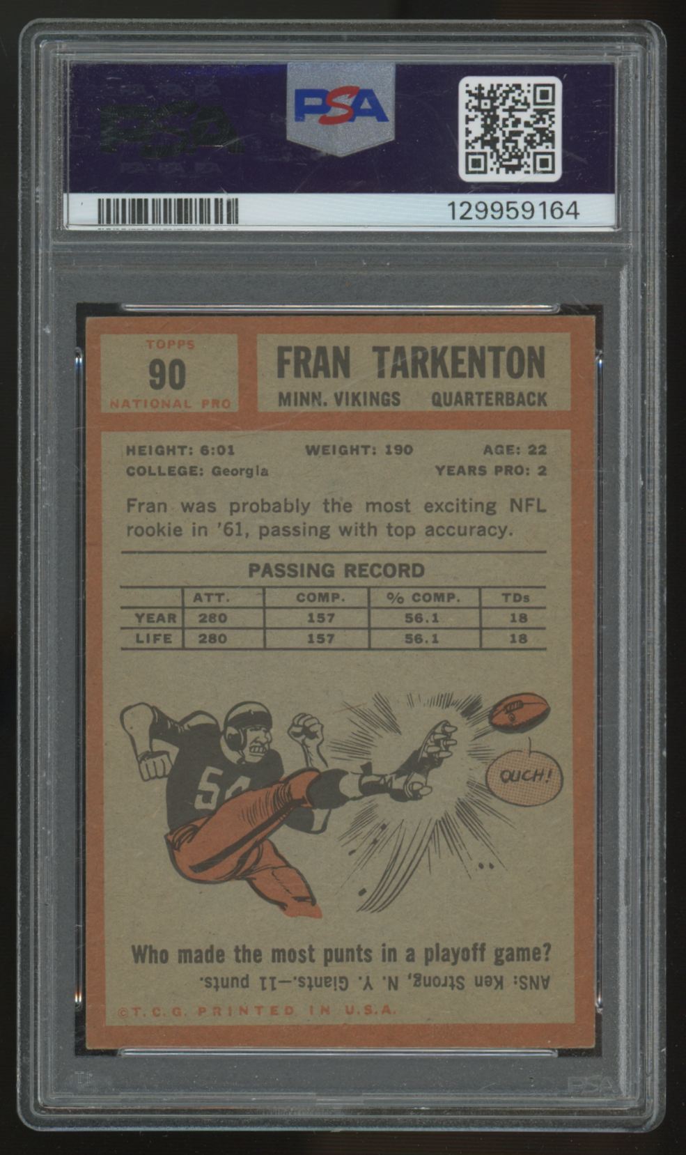 1962 Topps Fran Tarkenton RC #90 PSA 4 "A"