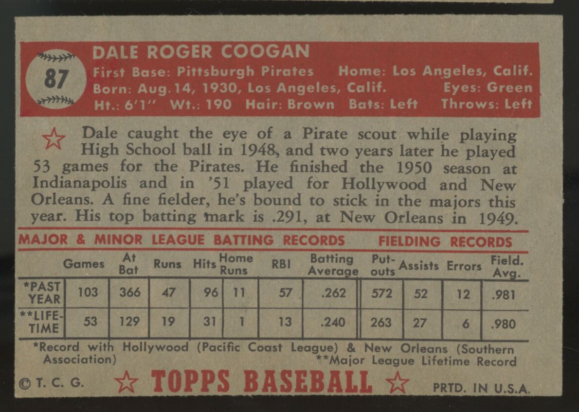 1952 Topps Dale Coogan #87 EX