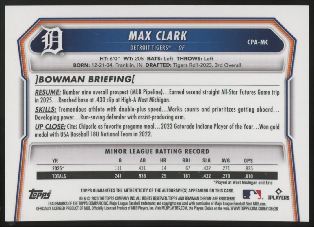 2026 Bowman Chrome Max Clark RC Auto #CPA-MC