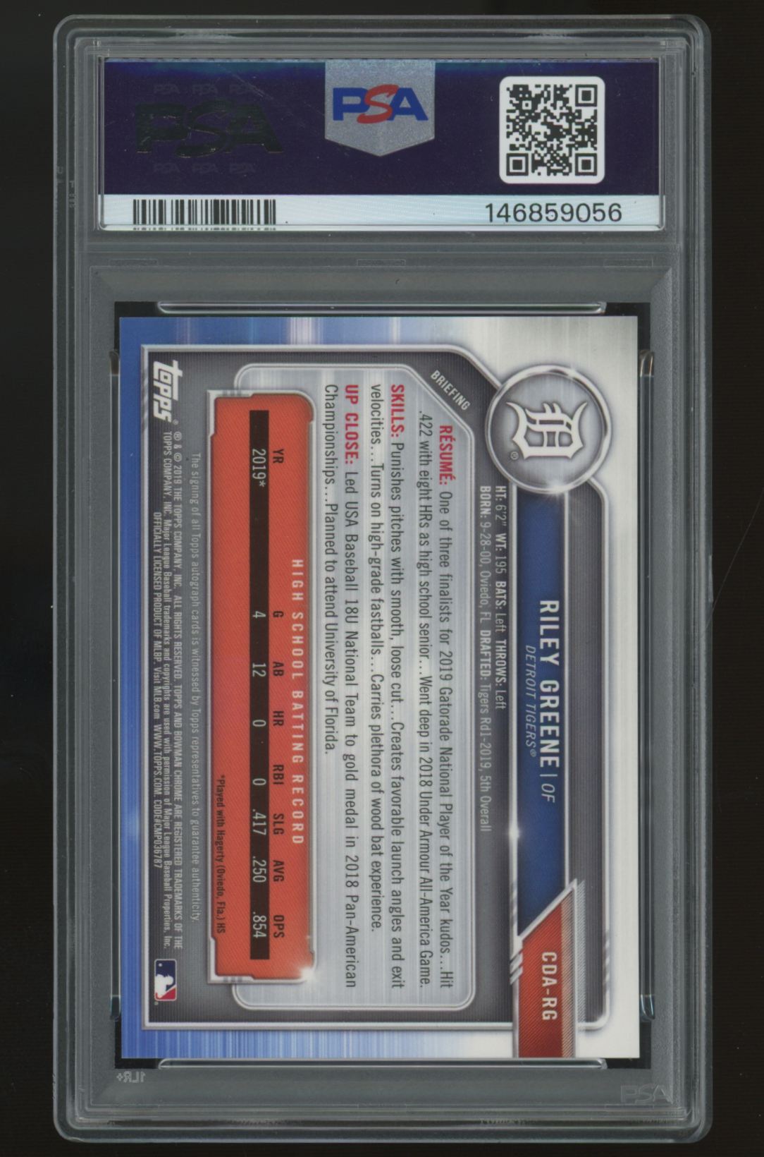 2019 Bowman Draft Riley Greene 1st Chrome Draft Picks Auto #CDA-RG PSA 9