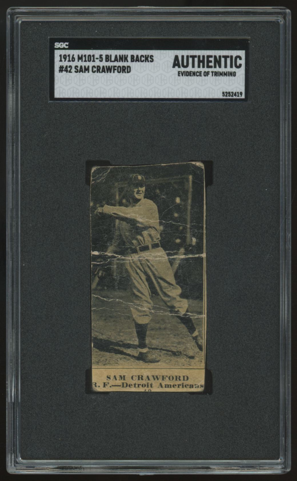 1916 M101-5 Blank Backs Sam Crawford #42 SGC Authentic Trimmed
