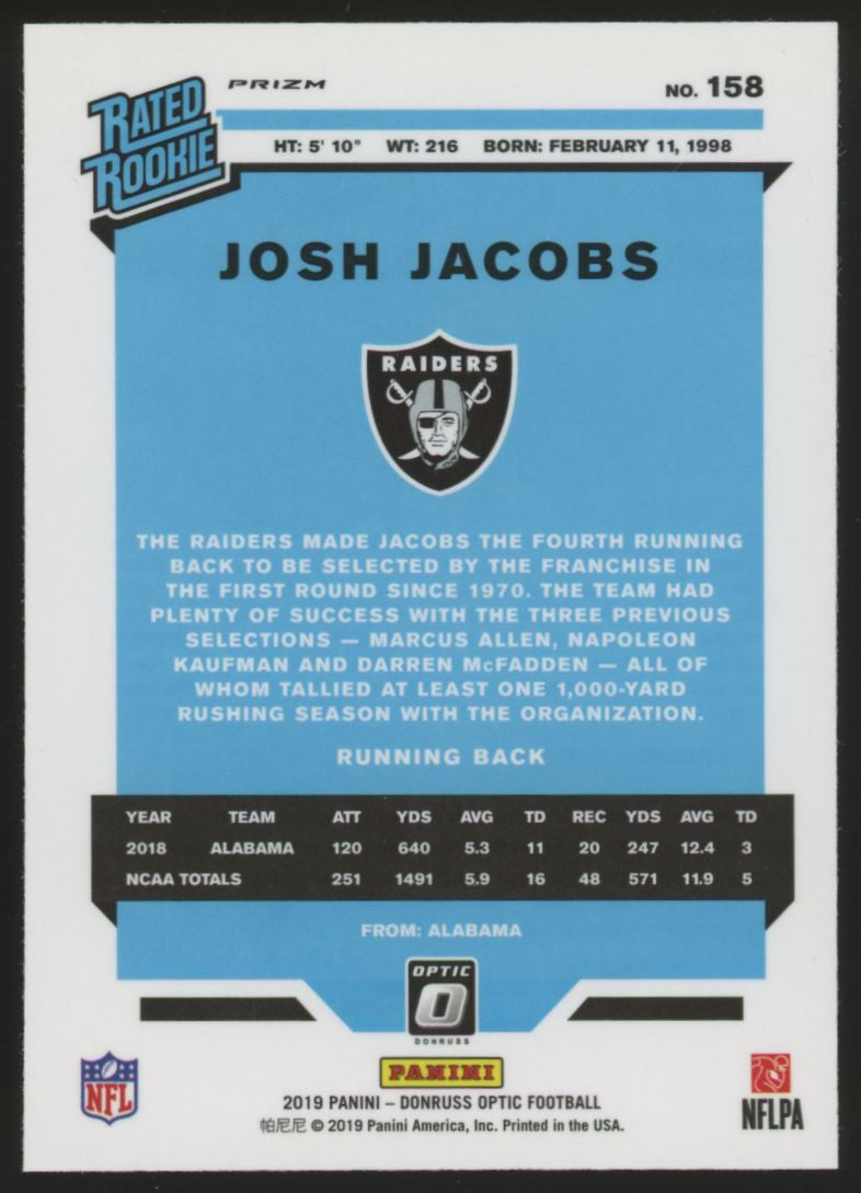 2019 Donruss Optic Football Josh Jacobs Rated Rookie RC Holo #158