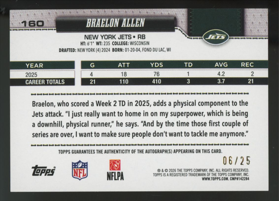 2026 Topps Flagship Braelon Allen Orange Foil Auto /25 #160