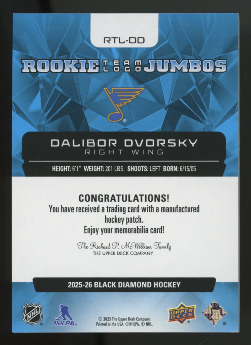 2025/26 UD Black Diamond Dalibor Dvorsky RC Team Logo Jumbo Patch #RTL-DD