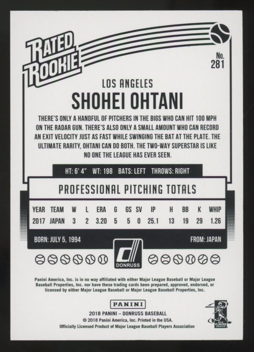 2018 Panini Donruss Shohei Ohtani RC Rated Rookie Kanji Variation SSP #281