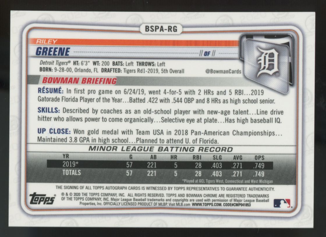 2020 Bowman Sapphire Riley Greene Chrome Prospect Auto #BSPA-RG