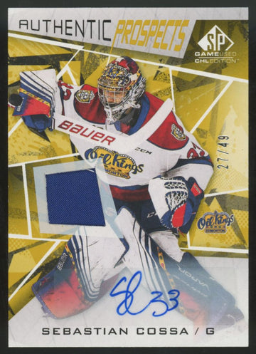 2021-22 UD CHL SP Game Used Sebastian Cossa Prospect Gold Patch Auto /49 #15