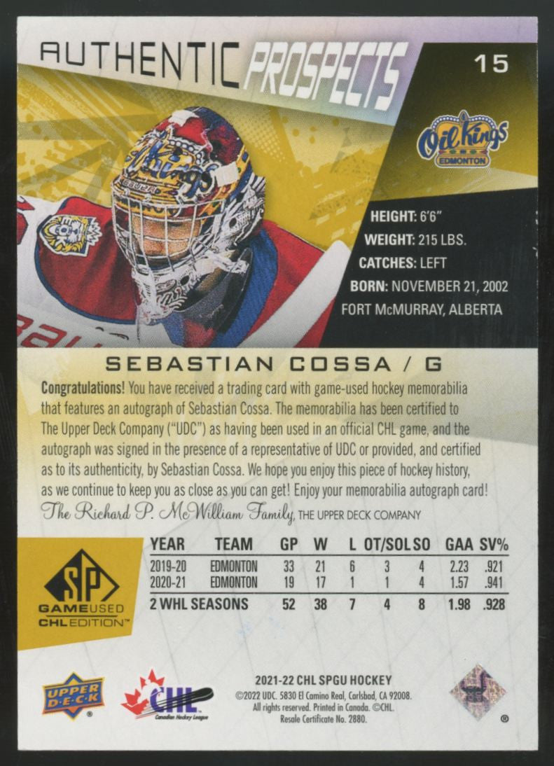 2021-22 UD CHL SP Game Used Sebastian Cossa Prospect Gold Patch Auto /49 #15