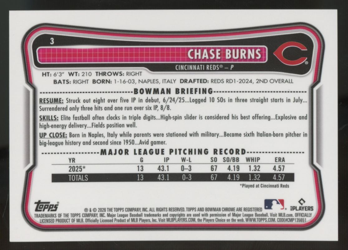 2026 Bowman Chrome Mega Chase Burns RC Image Variation SSP #3