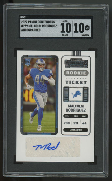2022 Contenders Malcolm Rodriguez RC Ticket Auto #239 SGC 10 10