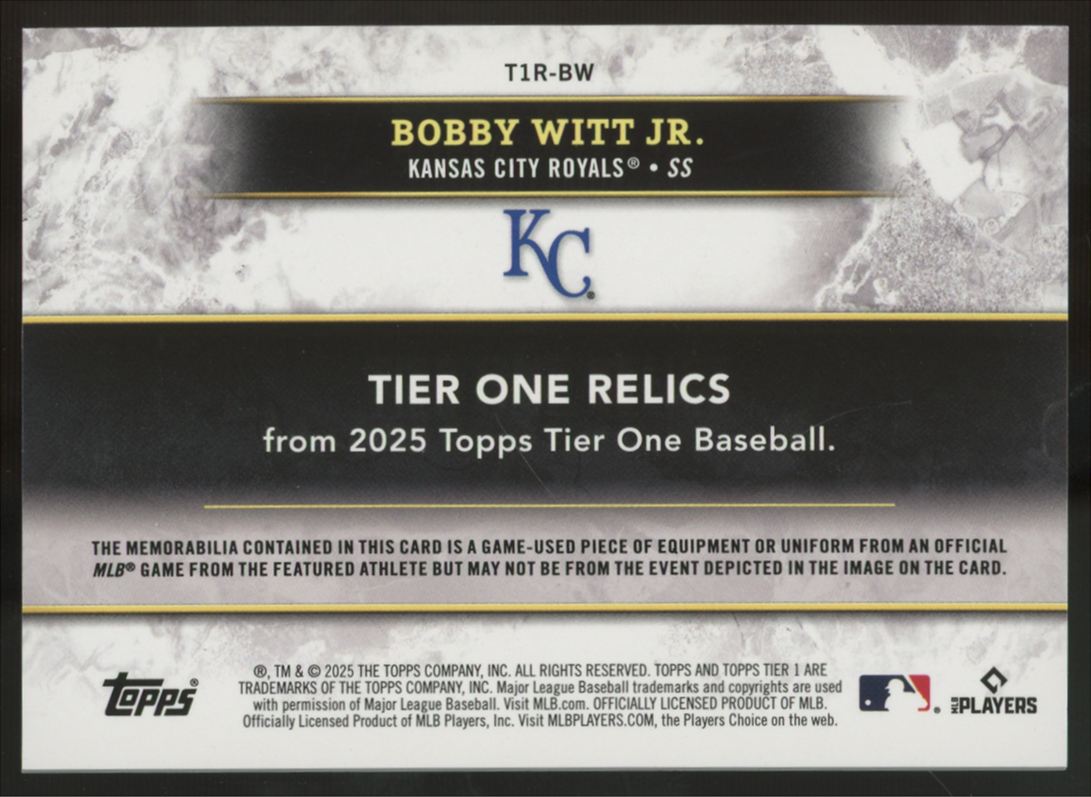 2025 Topps Tier One Bobby Witt Jr. Tier One Relics Patch Purple Foil /25 #T1R-BW