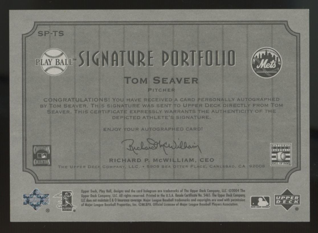 2004 Upper Deck Play Ball Tom Seaver Signature Portfolio Black Ink Auto /10