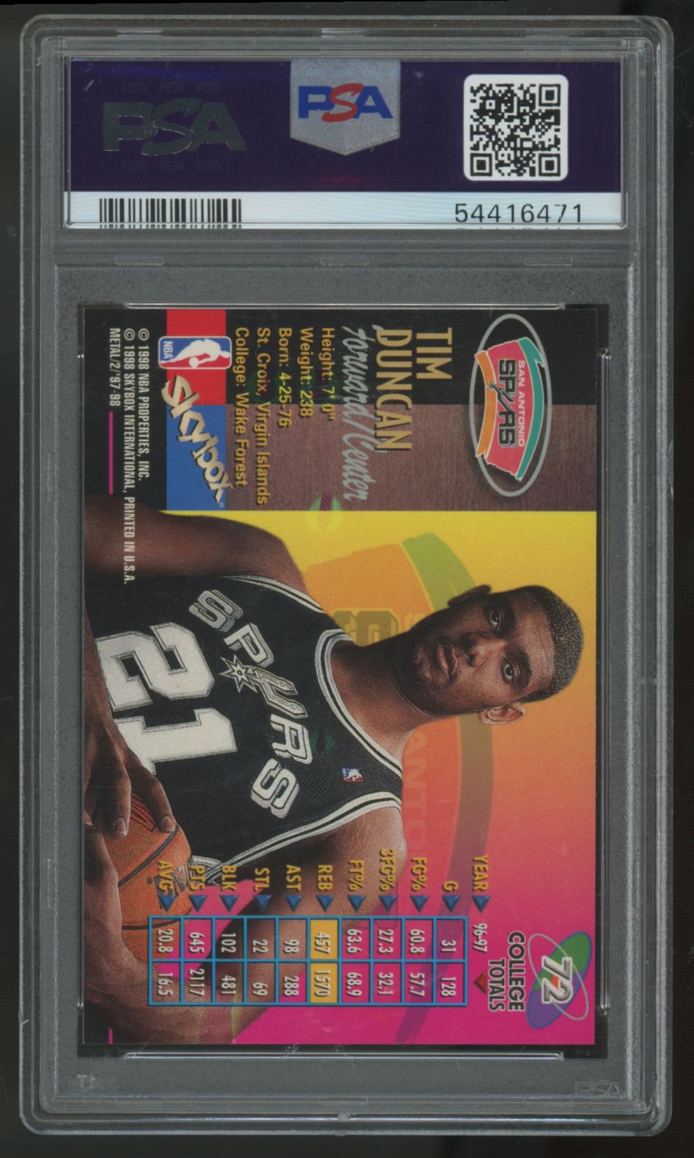 1997-98 Skybox Metal Universe Tim Duncan RC Championship #72 PSA 9