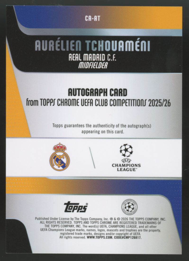 2025-26 Topps Chrome UEFA Aurelien Tchouameni Green Lava Refractor Auto /99