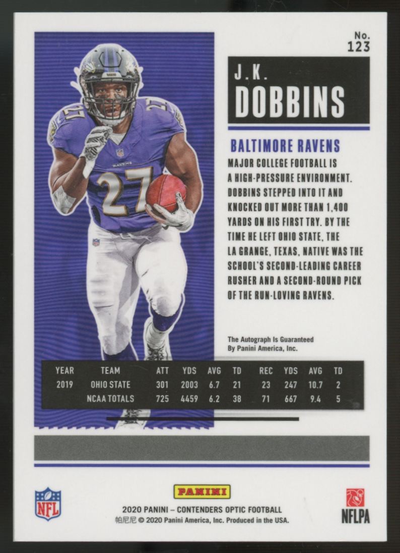 2020 Contenders Optic J.K. Dobbins RC Ticket Auto #123
