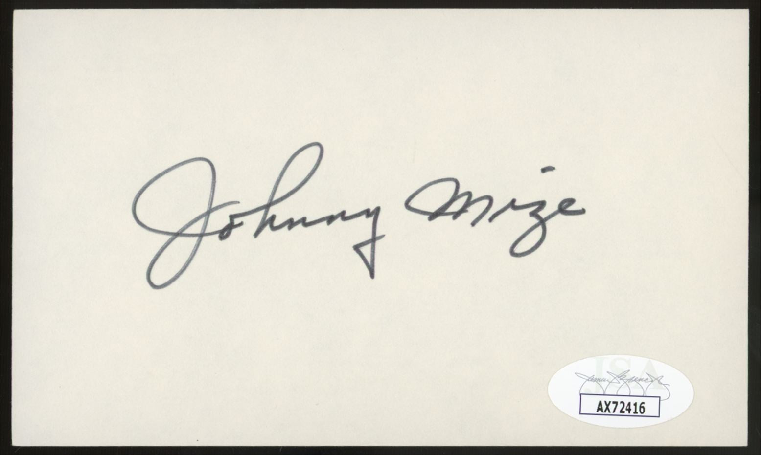 Johnny Mize Signed Autographed Index Card JSA Authentic *416