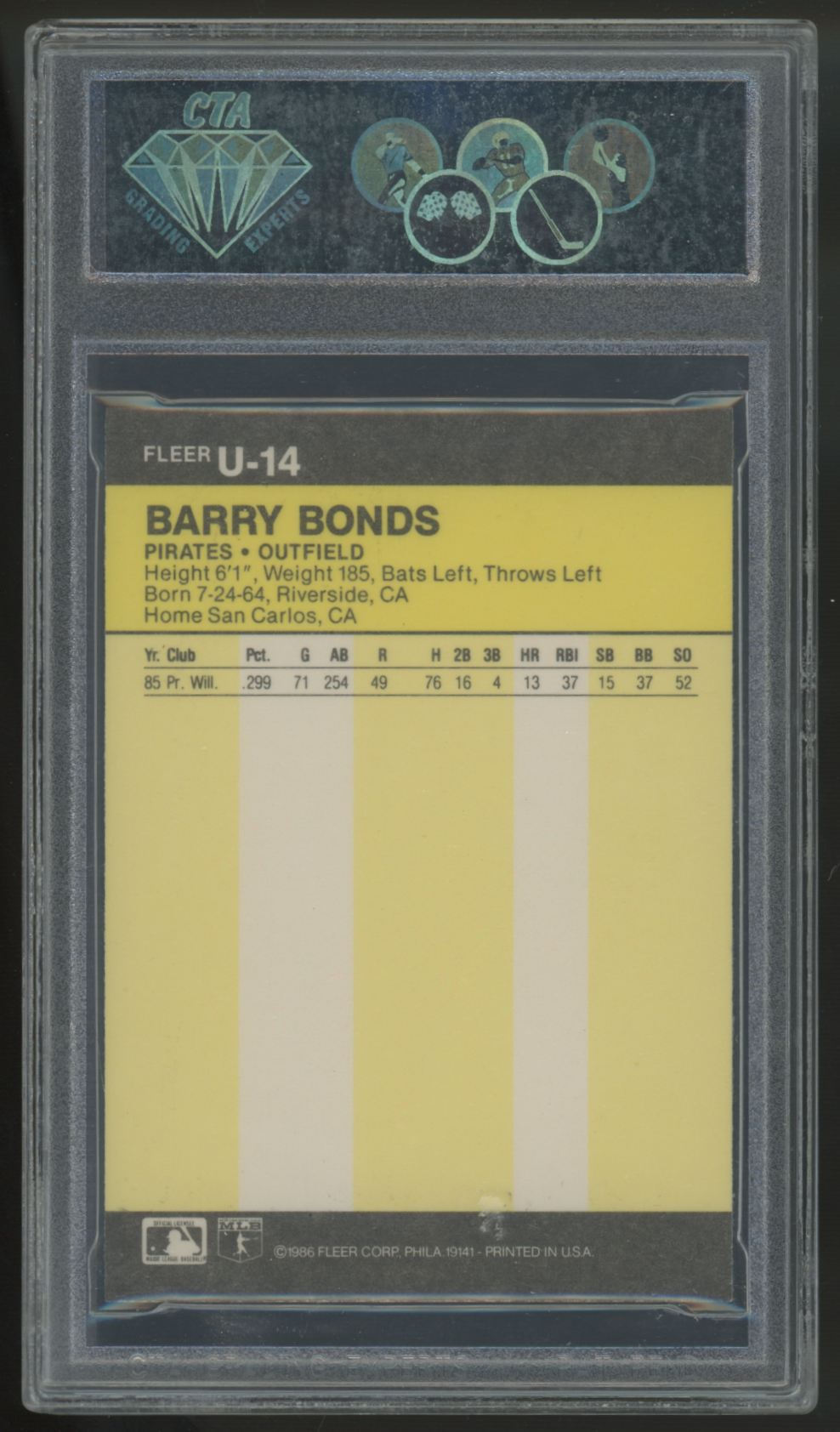 1986 Fleer Update Barry Bonds RC #U-14 CTA 9 *051