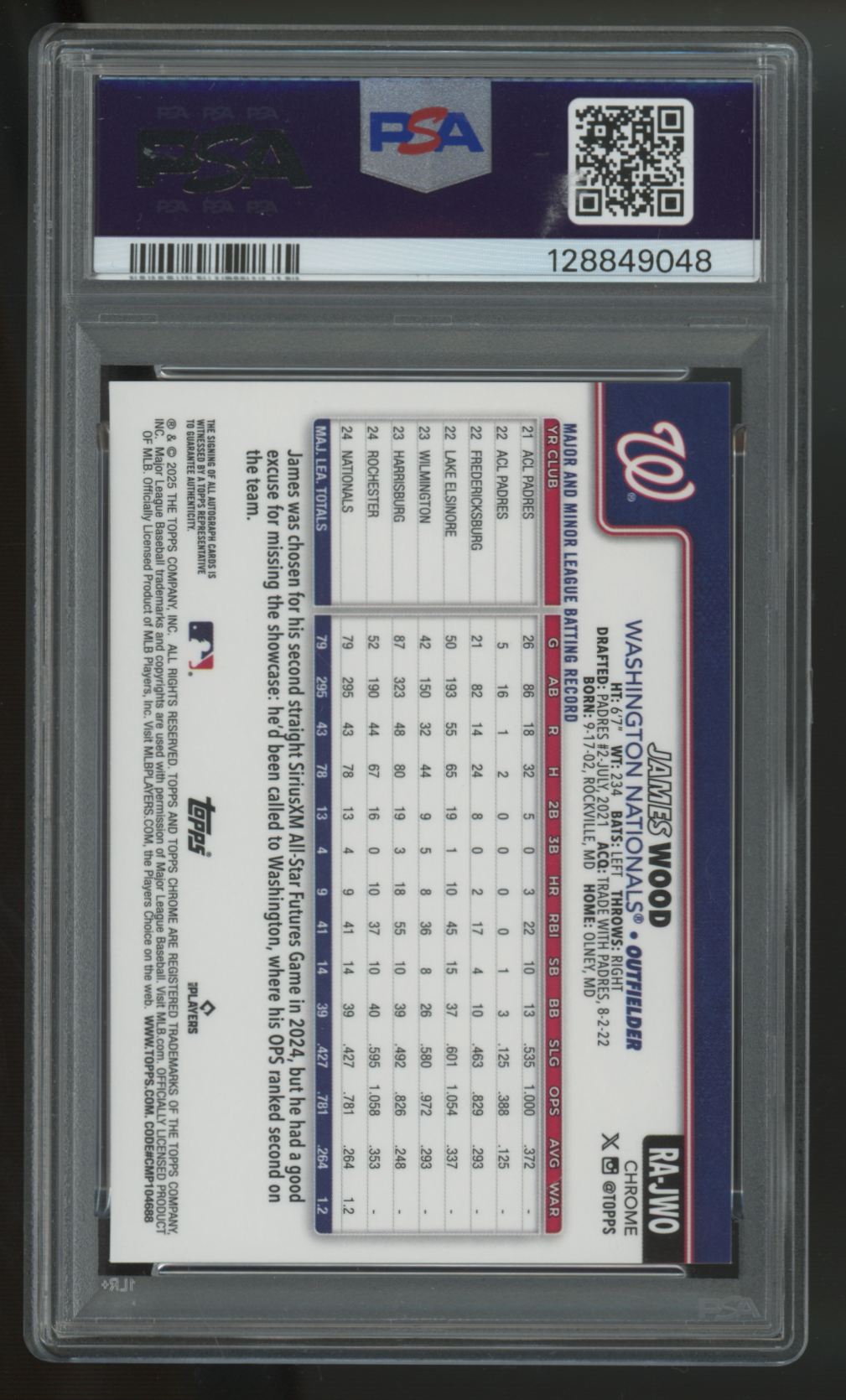 2025 Topps Chrome James Wood RC Orange Wave Auto /25 #RA-JWO PSA 9