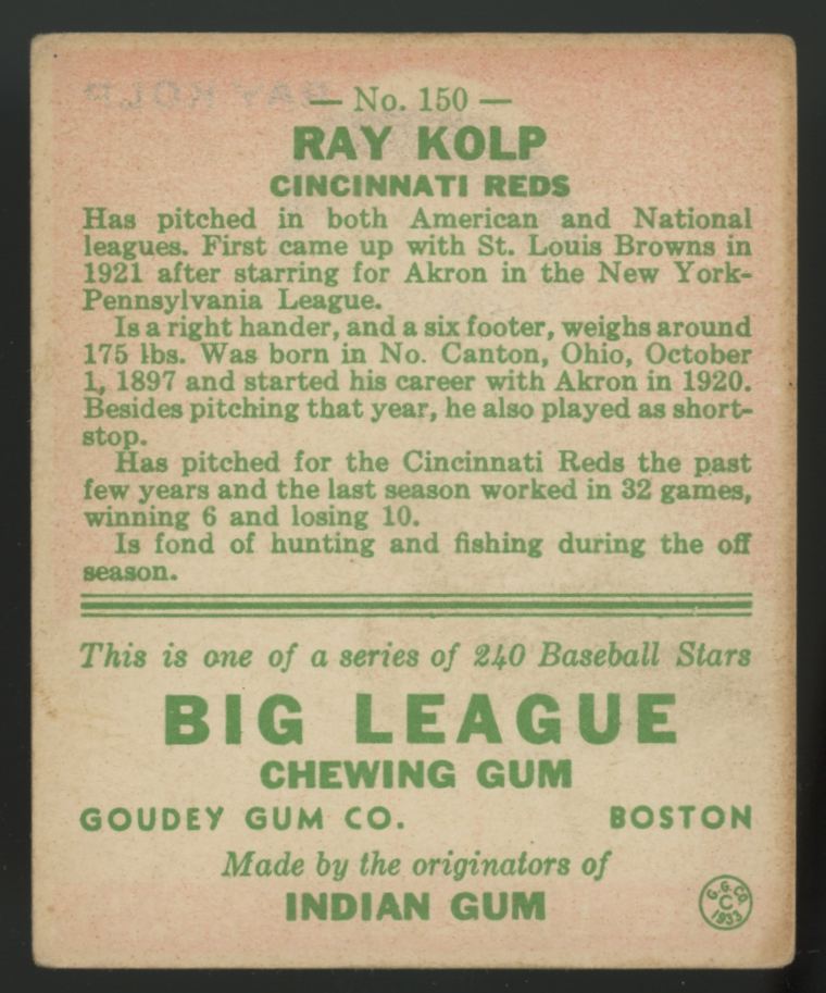 1933 Goudey Ray Kolp #150 VG-EX