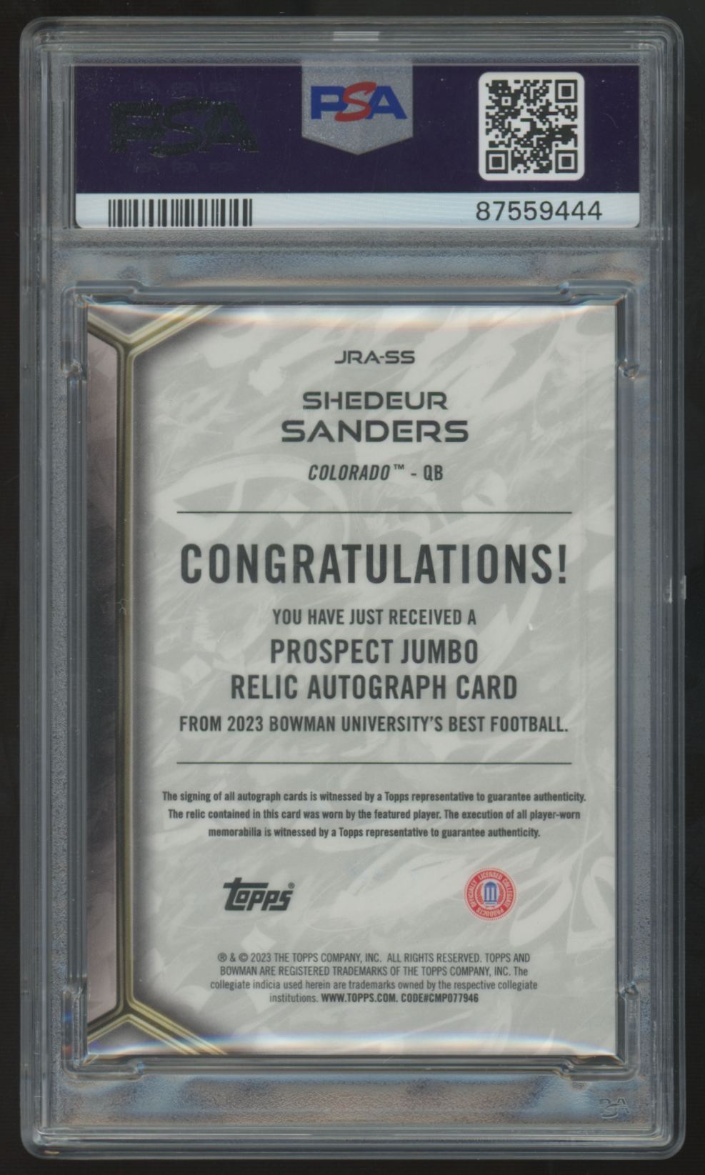 2023 Bowman Best U Shedeur Sanders Jumbo Patch Honor Roll Auto /49 PSA 9 10