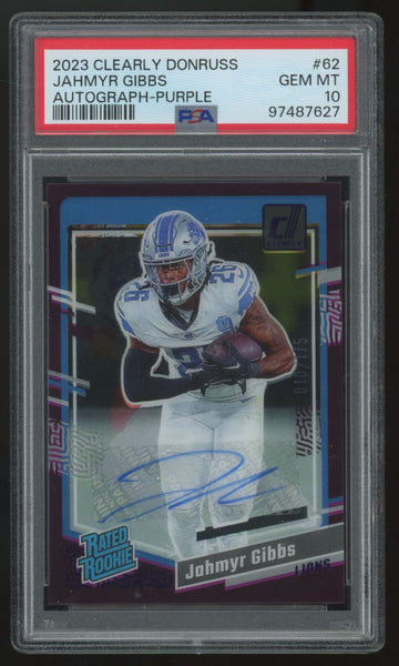 2023 Panini Clearly Donruss Jahmyr Gibbs RC Purple Auto /175 #62 PSA 10