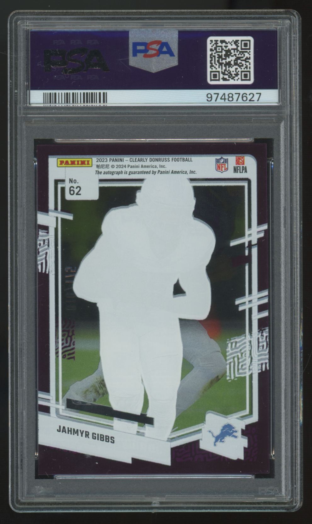 2023 Panini Clearly Donruss Jahmyr Gibbs RC Purple Auto /175 #62 PSA 10