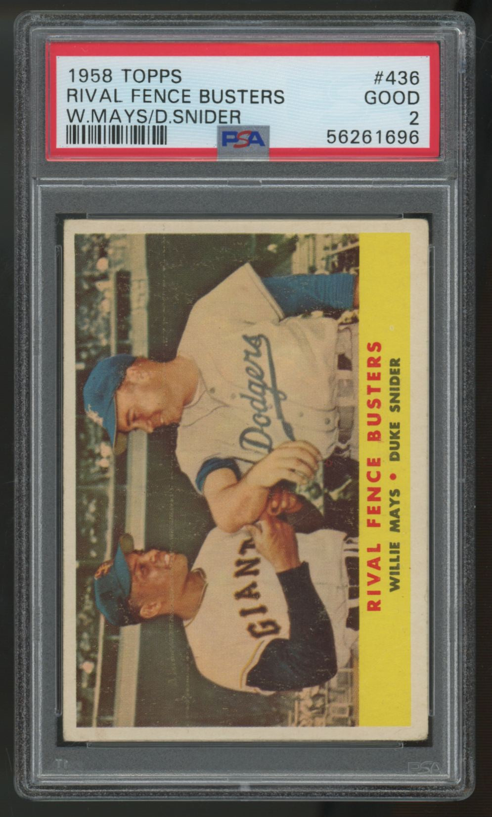 1958 Topps Willie Mays Duke Snider Rival Fence Busters #436 PSA 2