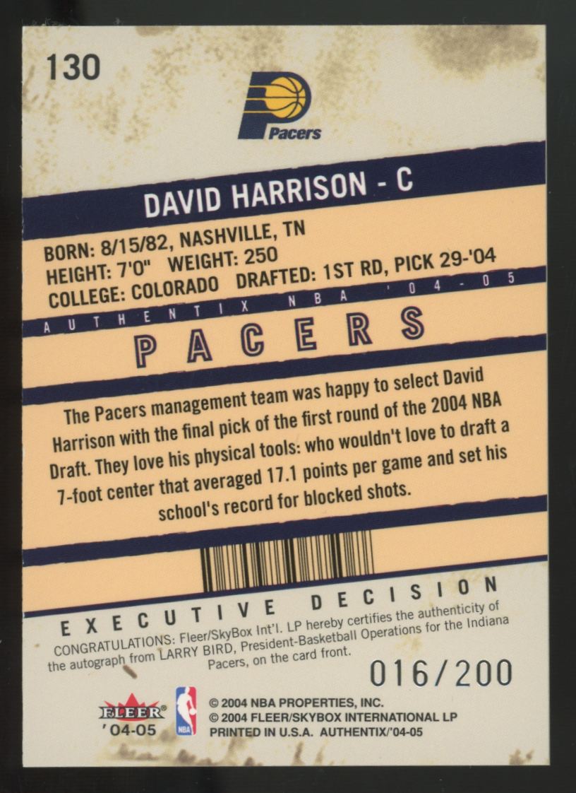 2004-05 Fleer Authentix David Harrison Larry Bird Executive Auto /200 #130