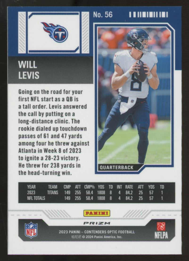 2023 Contenders Optic Will Levis RC Season Ticket Silver Holo #56