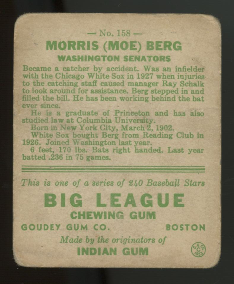 1933 Goudey Morris "Moe" Berg #158 P/F