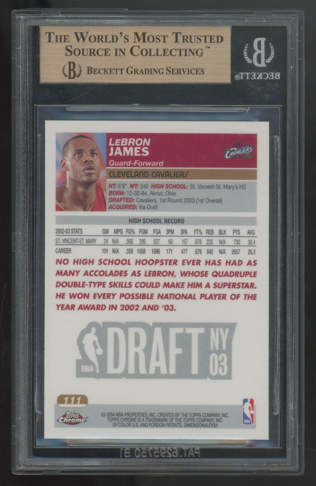2003-04 Topps Chrome LeBron James RC Draft Pick #111 BGS 9.5