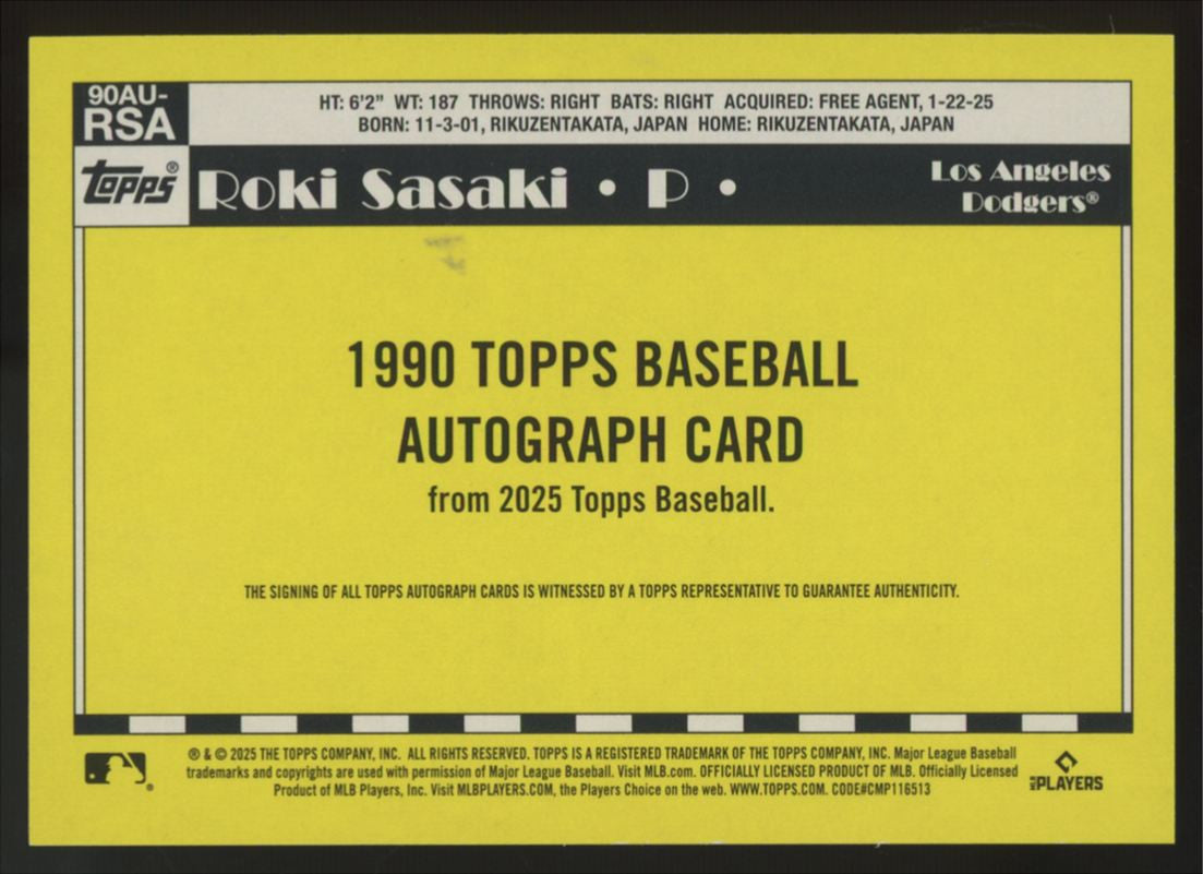 2025 Topps Update Roki Sasaki RC 1990 Auto /99 #90AU-RSA