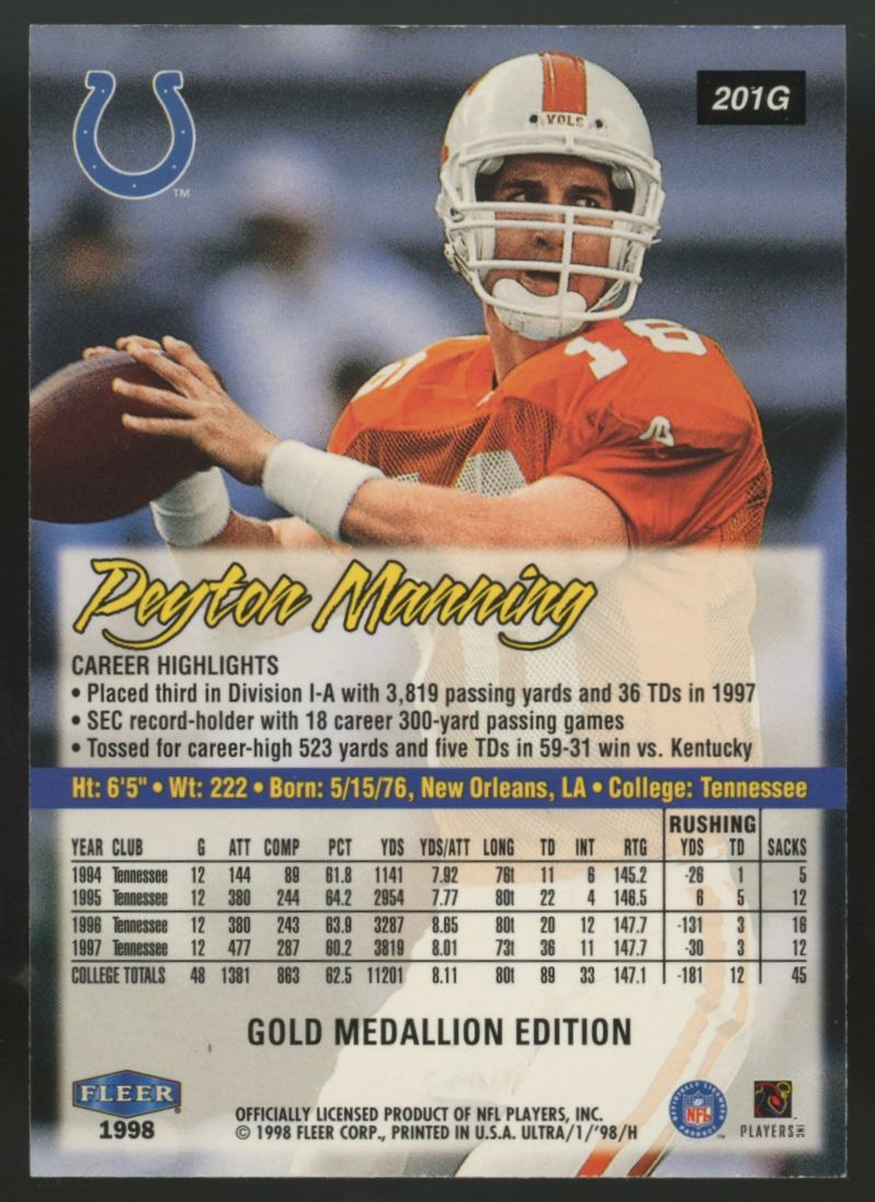 1998 Fleer Ultra Peyton Manning RC Gold Medallion Edition #201G