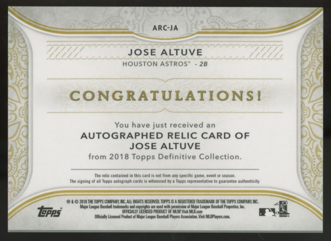 2018 Topps Definitive Jose Altuve Relic Patch Auto Purple /10 #ARC-JA