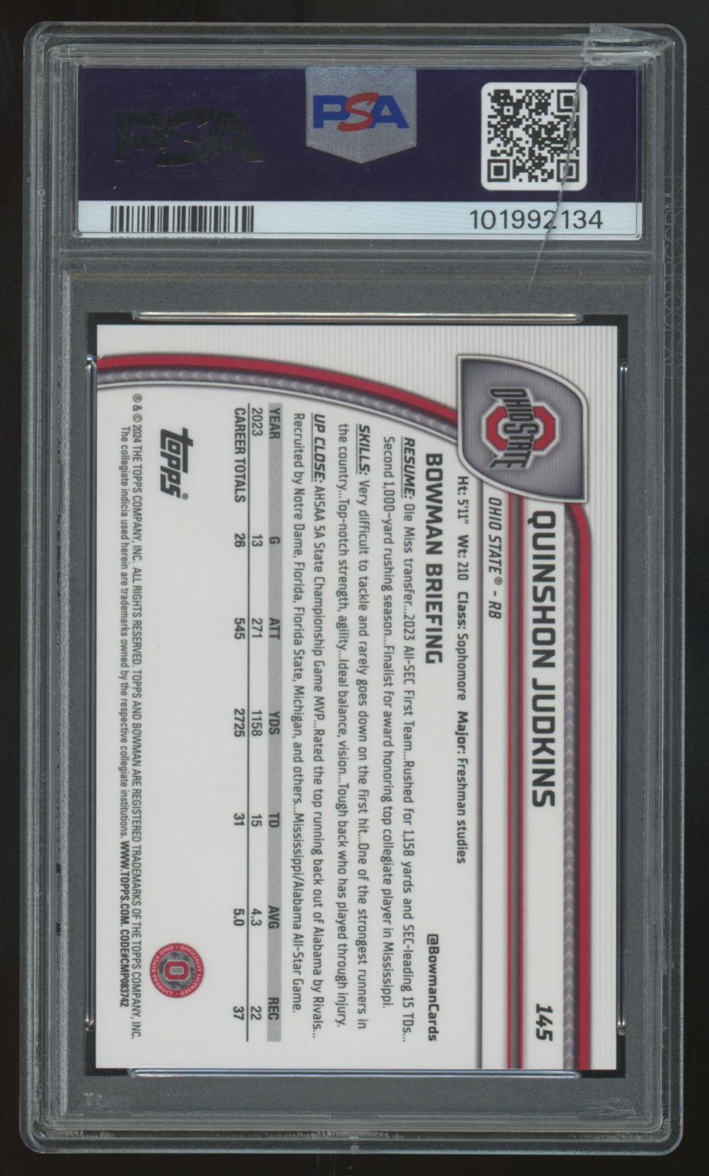 2024 Bowman Chrome U Quinshon Judkins Fuchsia Mini Diamonds /125 PSA 10 *Read*