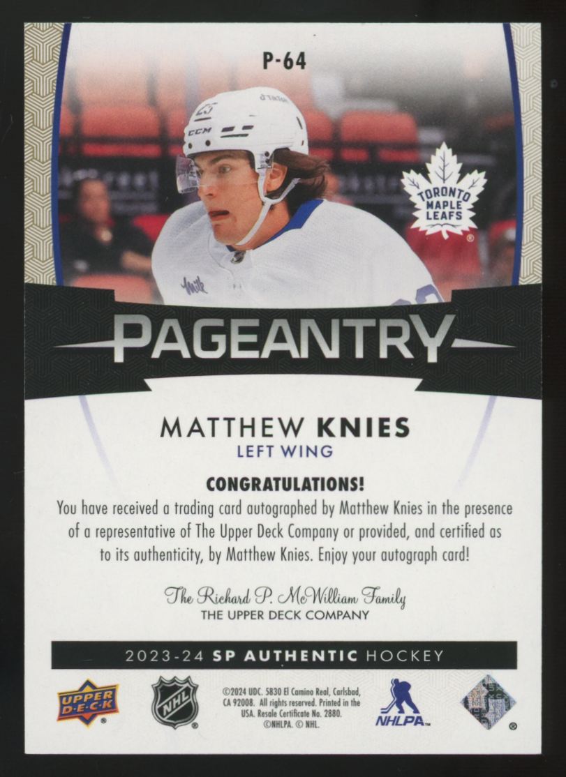 2023-24 SP Authentic Matthew Knies RC Pageantry Auto #P-64